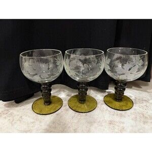 VTG German Roemer Hock Wine Glasses Etched Grape Green Beehive Stem Set of 3
